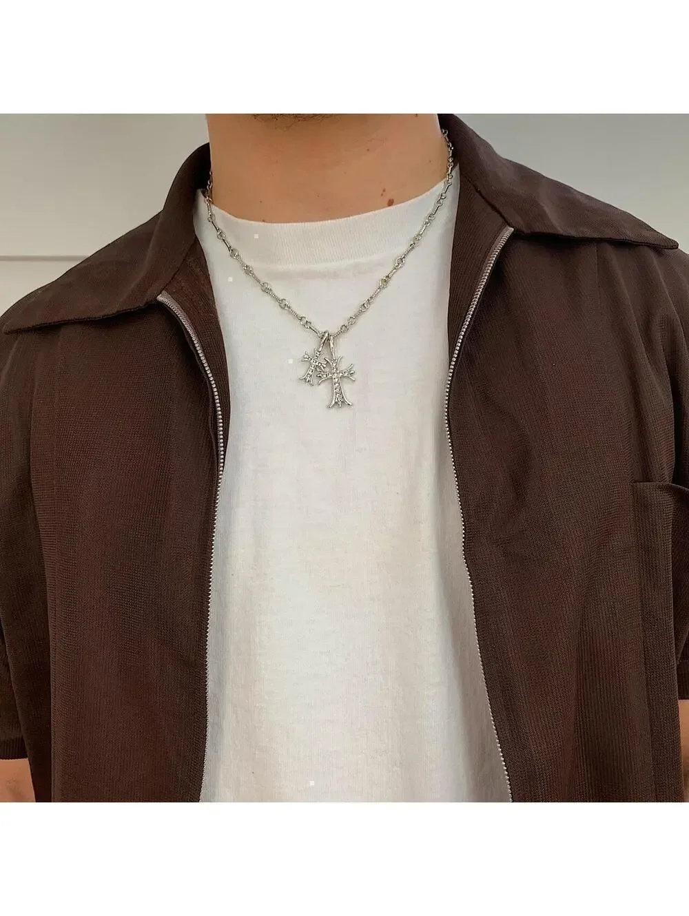 Vintage Cyber y2k style Double Cross Silver Necklace. Rhinestone Cross. 19.5